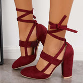Suisecloths Chunky Block High Heels Lace Up Dress Sandals Ankle Strappy Pumps Oshnow